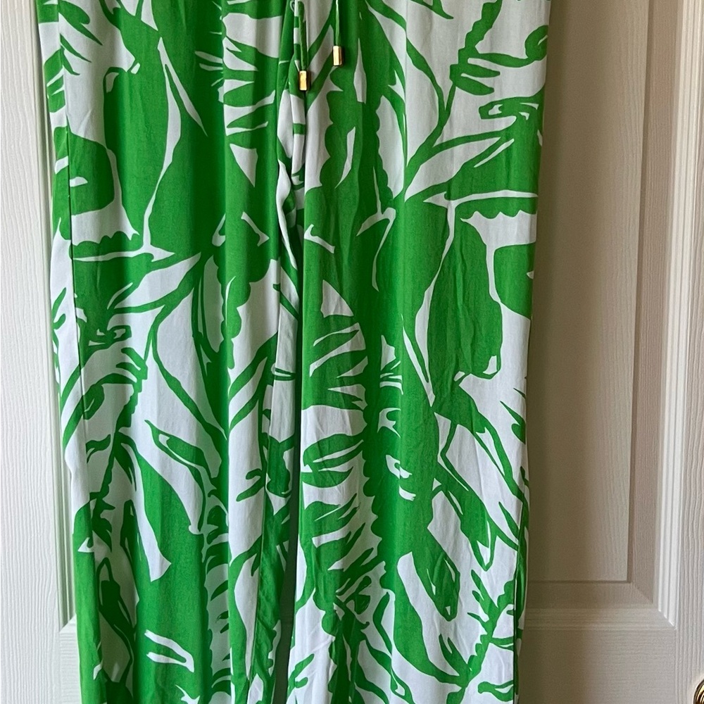 Lilly Pulitzer Green Leaf-Print Wide Palazzo Leg Drawstring Pants Size Medium